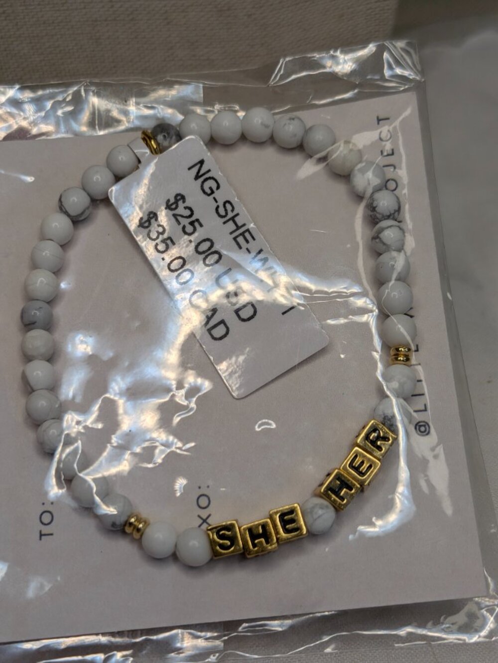 Little Words Project “She/Her” White Marble Beaded Bracelet – New in Package